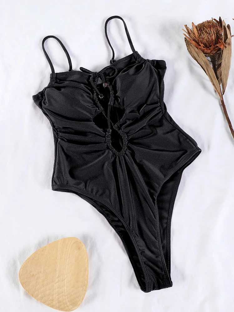 Miyouj hollow swimsuit womens swimsuit new one-piece swimsuit bandage swimsuit solid color swimsuit summer beachwearXJ250315