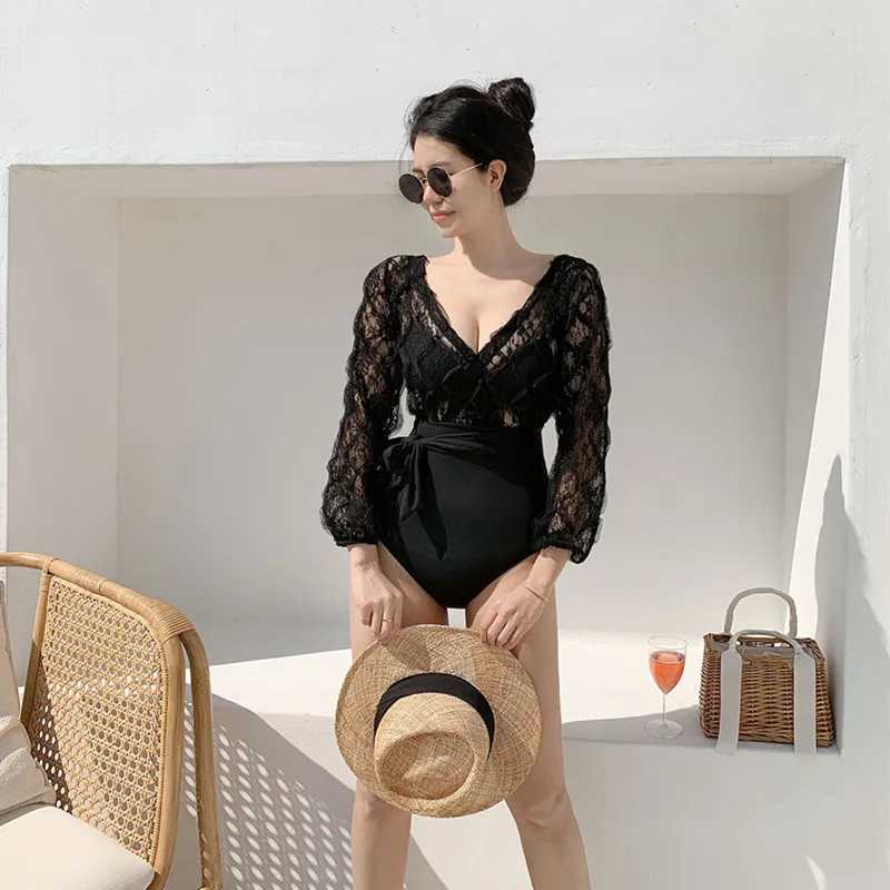Womens one-piece swimsuit 2022 long seven section slim seaside spa resort swimsuit lace hollow sexy bikini Traje de Ba o MonokiniXJ250315