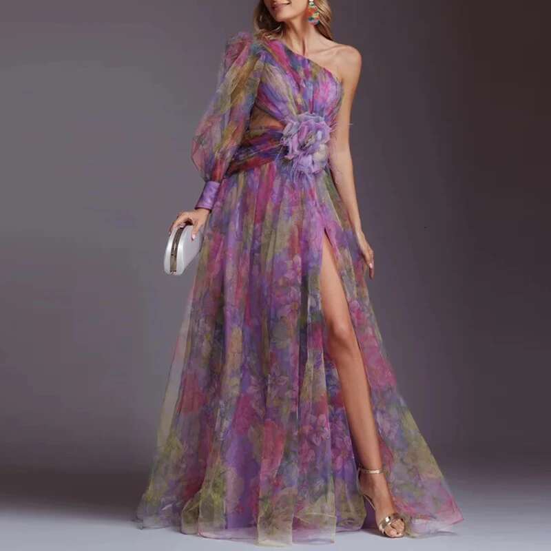 Women Elegant Split Hollow Party Fashion Contrast Print Mesh Maxi Sexy One Shoulder Sleeve Irregular Long Dress