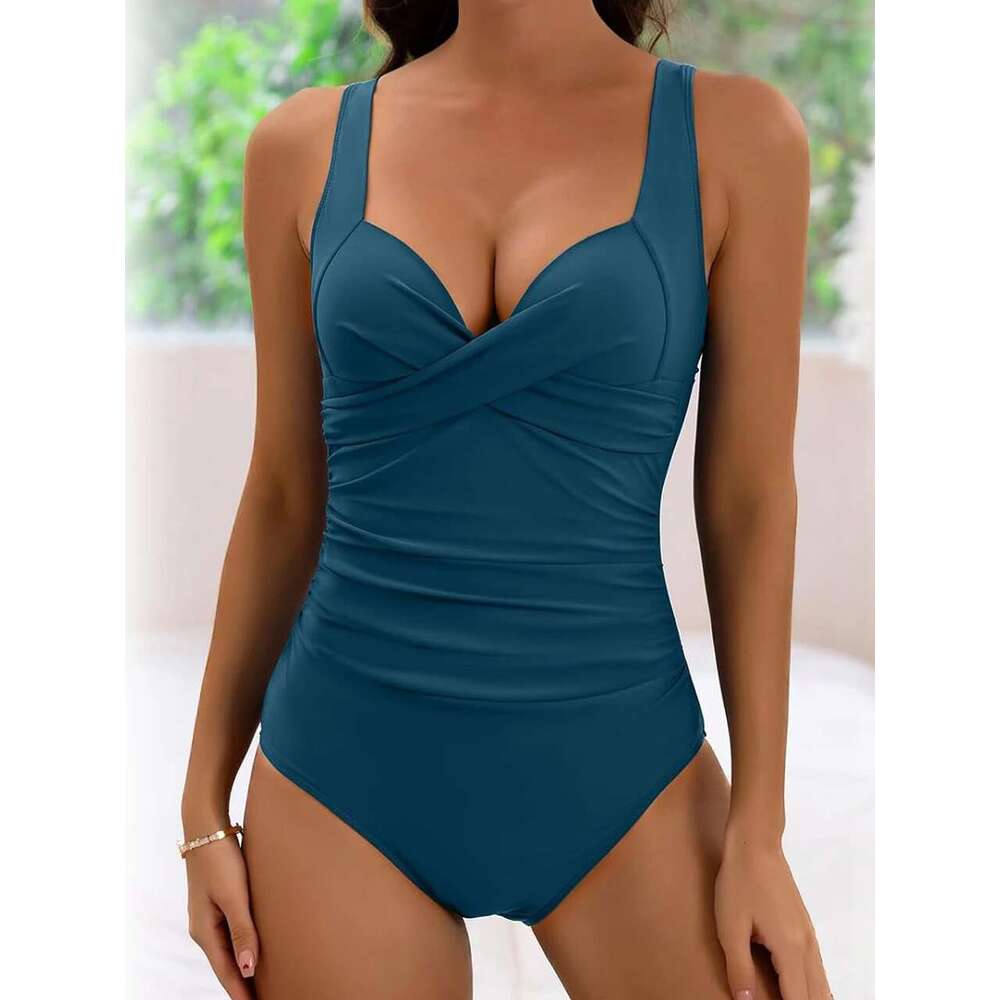 Women's plain pleated swimsuit, one-piece, solid color, beachwear, bather, summer jumpsuit, 2024