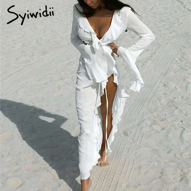 Syiwidii Irregular Ruffles Women's Chic V Neck Long Sleeve Lace Beach Dress Summer 2024 Fashion Lady Vacation Cover Up