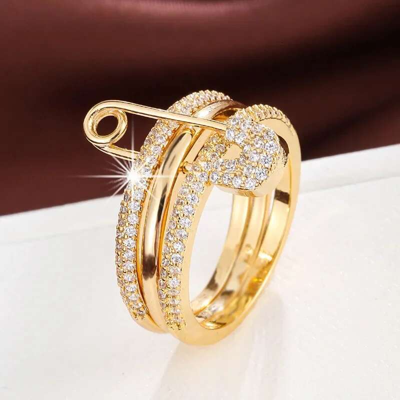 Fashion Stacked Connection Three Layers Designer for Women Personality Zircon Pin Ring Valentine's Day Gift Jewelry