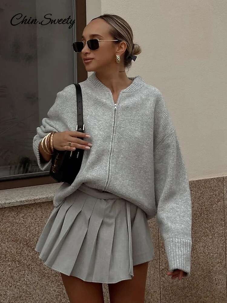 Vintage Knit Zipper Cardigan For Women Solid Loose O Neck Long Sleeve Sweater Top Female Fall Winter All-Matching Knitwear