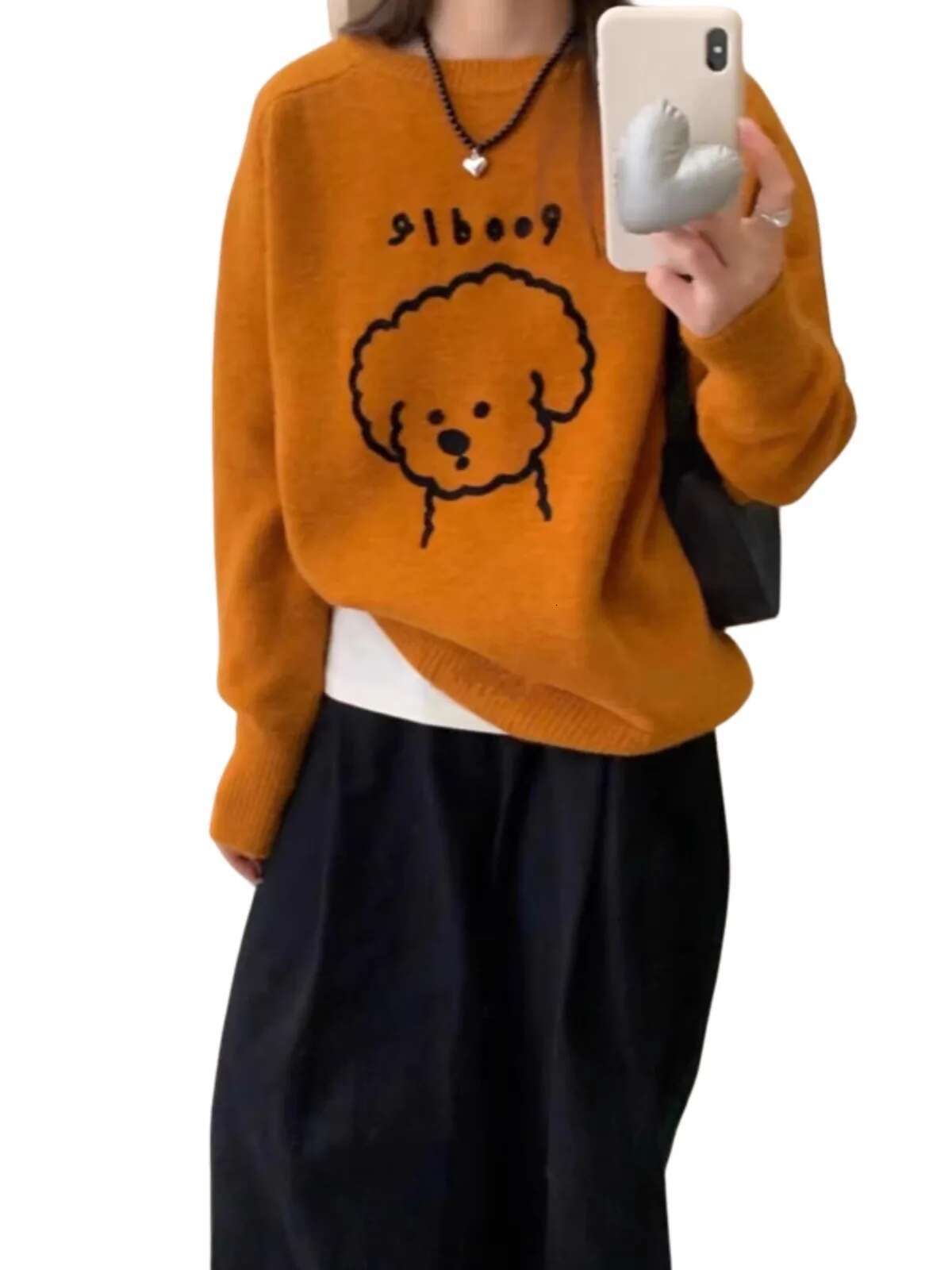 European Cartoon Dog 100 Pure Cashmere Women's Round Neck Korean Version Of Loose Jumper Knitted Bottom Sweater