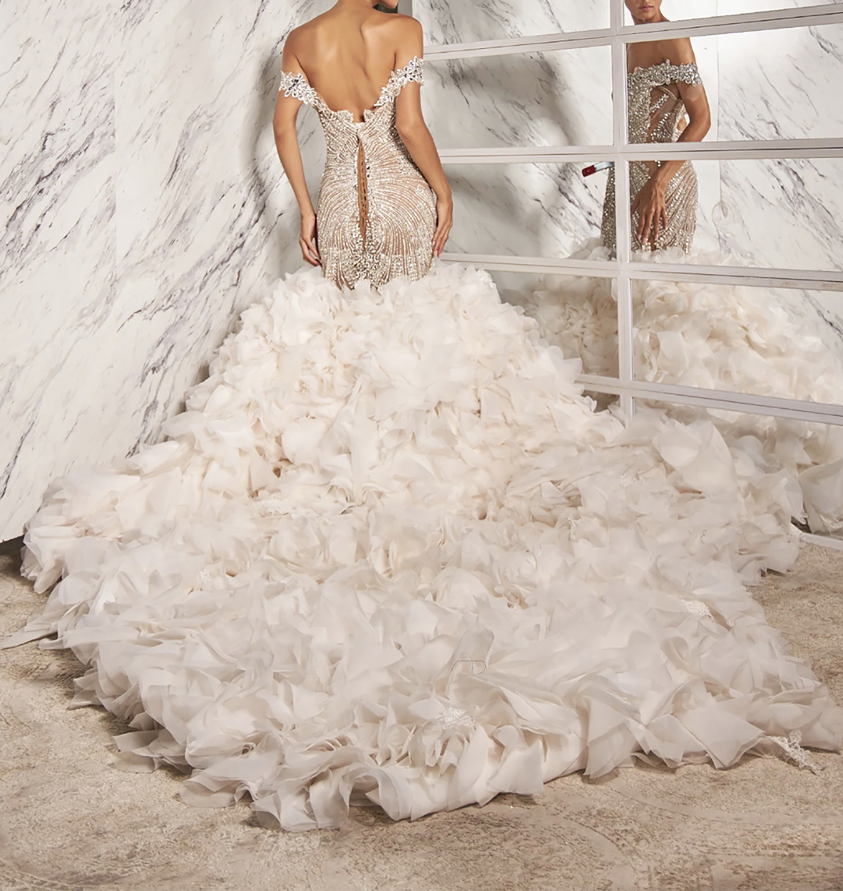 Fashion Wedding Dresses Crystal Rhinestone Bridal Gowns with Detachable Train Off Shoulder Mermaid Puff Customized Sweep Train Bride Dress Vestidos De