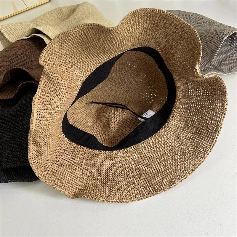 Foldable hand crocheted paper straw bucket hat suitable for womens summer sunshine breathable straw bucket hat 250314