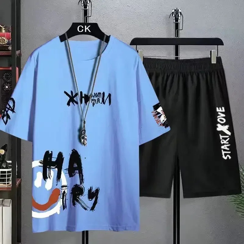 Set for Men T shirt Mens Summer Leisure Suit Trend Printing Short Sleeve T-shirt Plus Size Shorts Outdoor Two-piece Suit 250310