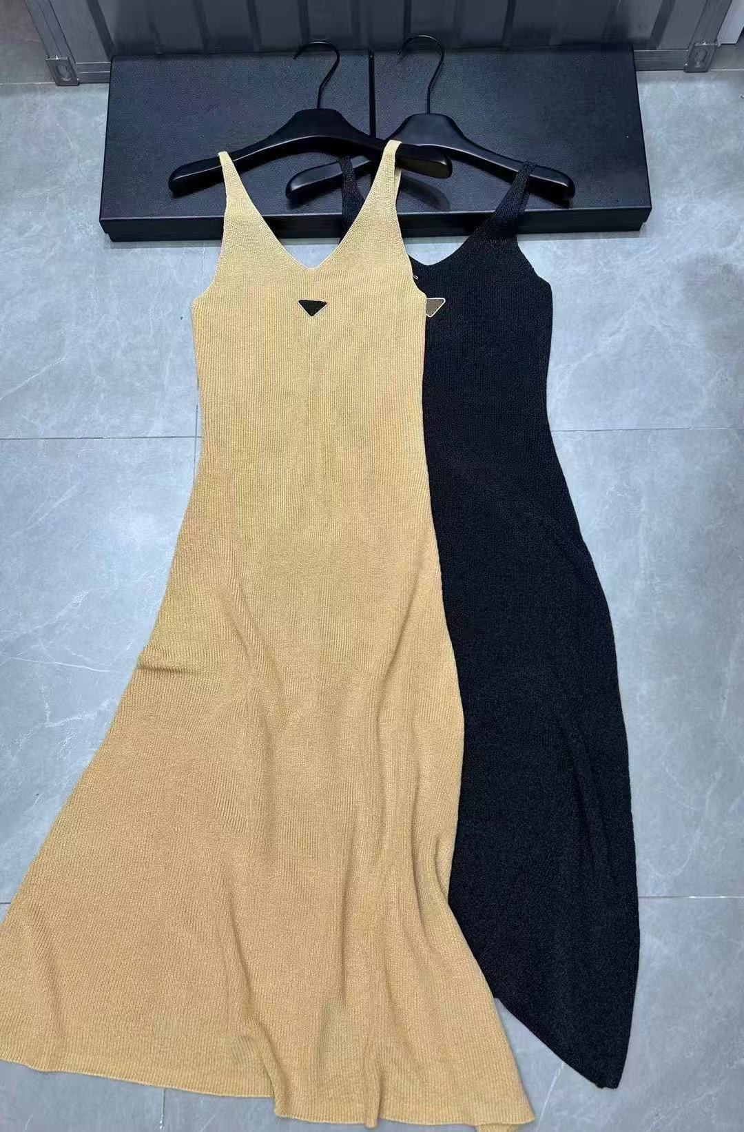 Designer High Quality Knitted V-neck Long Dress Fashion Solid Color Letter Logo Printed Halter Dress