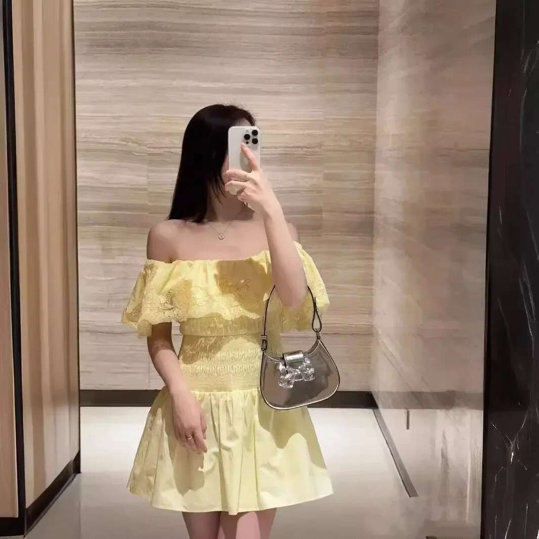Summer Women's One-Shoulder Yellow Cotton Embroidered Waisted Backless Sexy Party Mini Dress