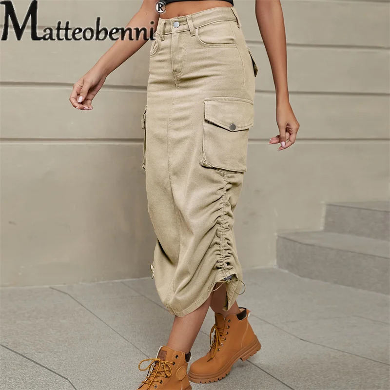 Vintage Draw Pleat Halfbody Dress Women Casual Trend Pocket Splicing Button Denim Overalls Skirt Female Clothes Streetwear 250310