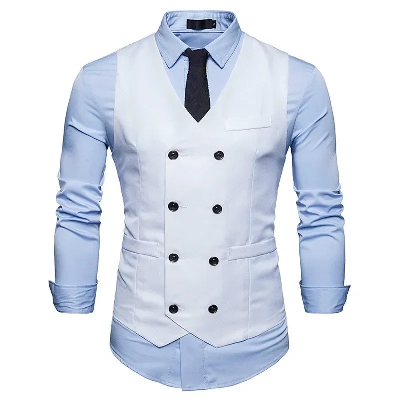 Summer Mens Double Breasted Blazer Casual Vest Khaki Waistcoat Men Sleeveless Suit Vest Male Plus Size Vintage Top 250310