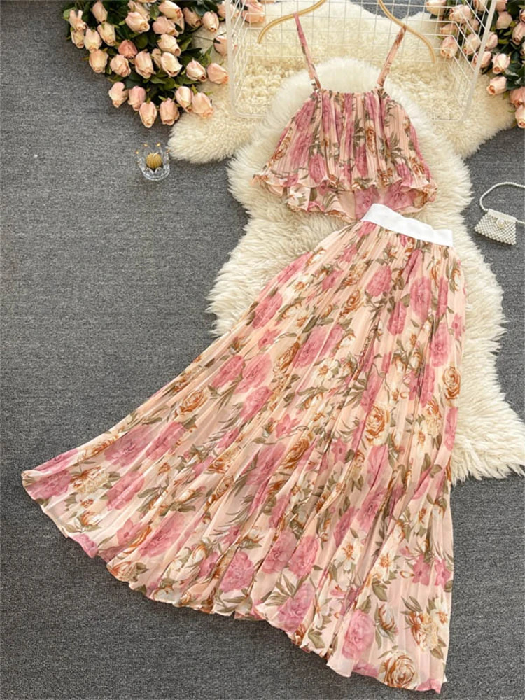 Womens summer vacation twopiece set spaghetti shoulder strap short top and hollow high waisted Midi skiing 250313
