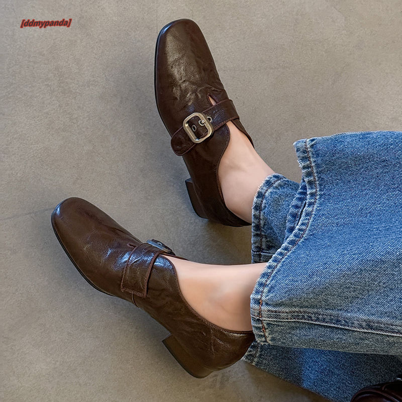 2025 Spring/Summer New British Style Interior Height Boosting Single for Women with One Line Buckle and Flat Bottom Le Fu Small Leather Shoes ddmypand