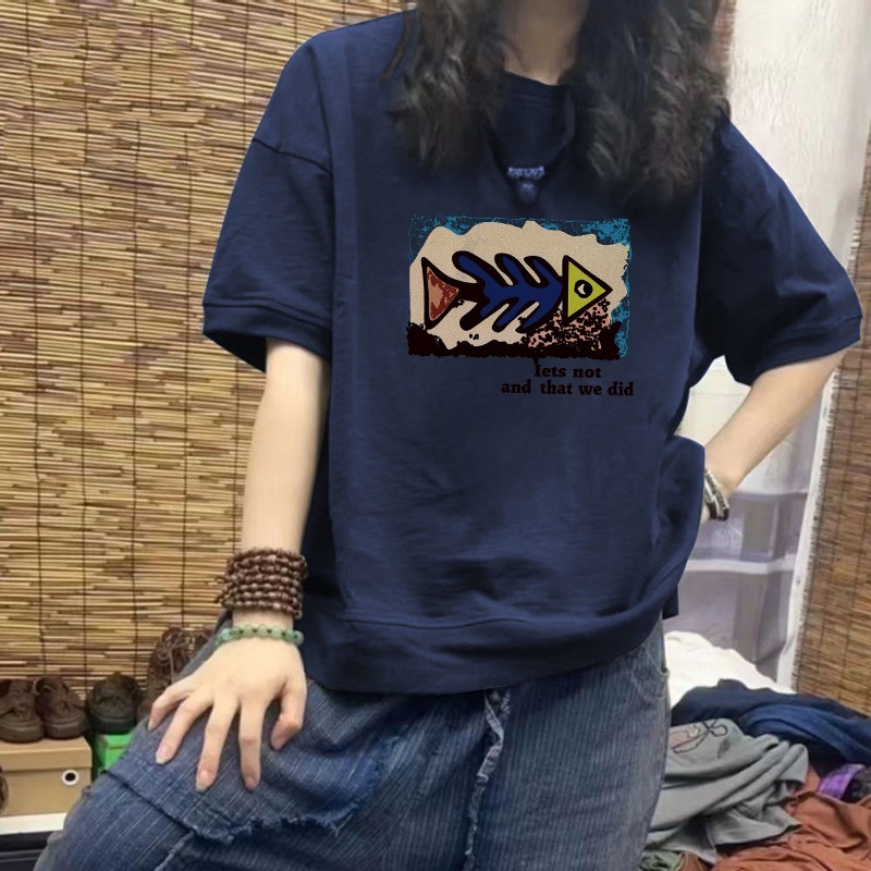 Navy Blue Shoulder Short For Women's Summer 2025 New European Style Large Edition Loose Half Sleeved T-Shirt Top