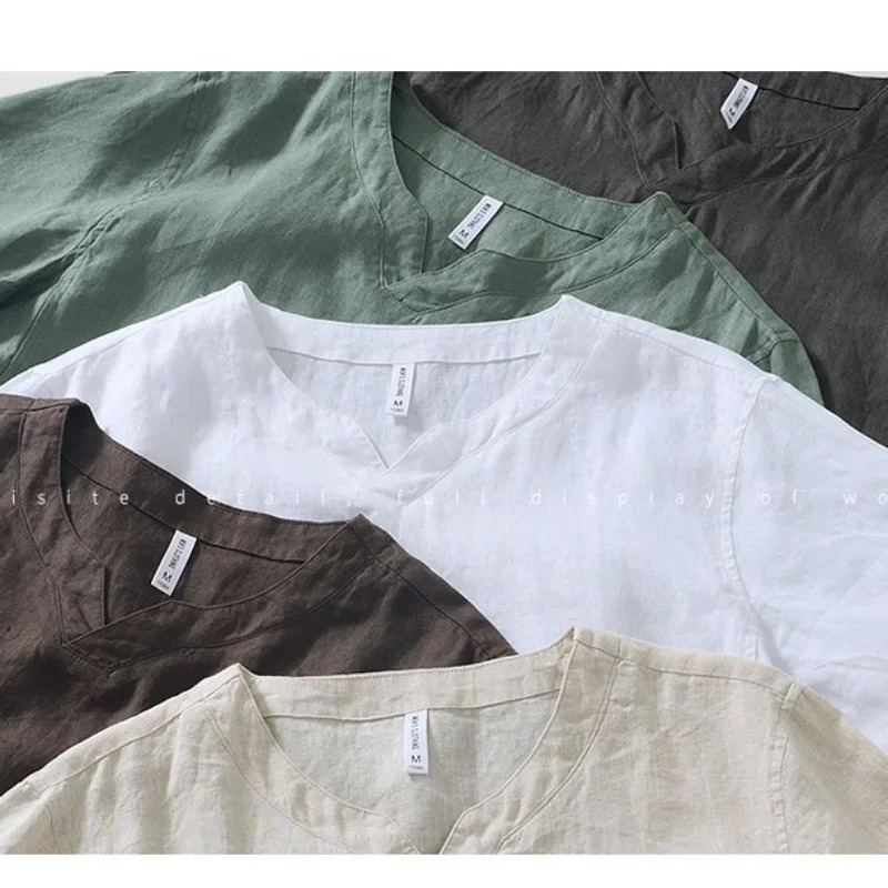 Summer 100% Linen Short Sleeve T Shirt for Men Casual Thin Solid Color Slim Men Clothing BL998 250314