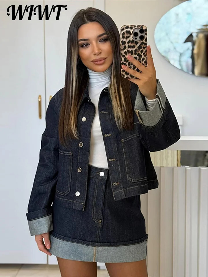 Street Denim Jacket Skirts Set Women Casual Lapel Single Breasted Long Sleeve Jackets Aline Mini Skirt Lady Outfits 250312