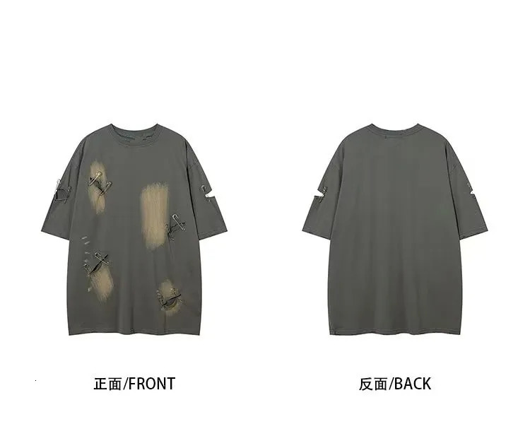 Fashion Men Oversized Vintage Ripped Hole Short Sleeve T Shirt Hip Hop Y2K Mens 100% Cotton O Collared Couple Techwear Shirts 250312