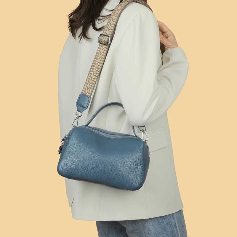 Fashionable and Simple Genuine Leather Womens Handbag Leather Girls Casual 100 Large Capacity Comfortable Wide Shoulder Strap Cross Y250315