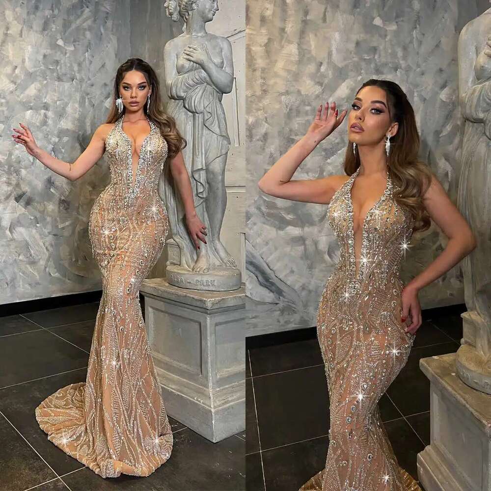 Esnte Mermaid Prom Beaded Crystals Pattern Lace Celebrity Party Evening Dresses Plus Size Custom Size Color Dress