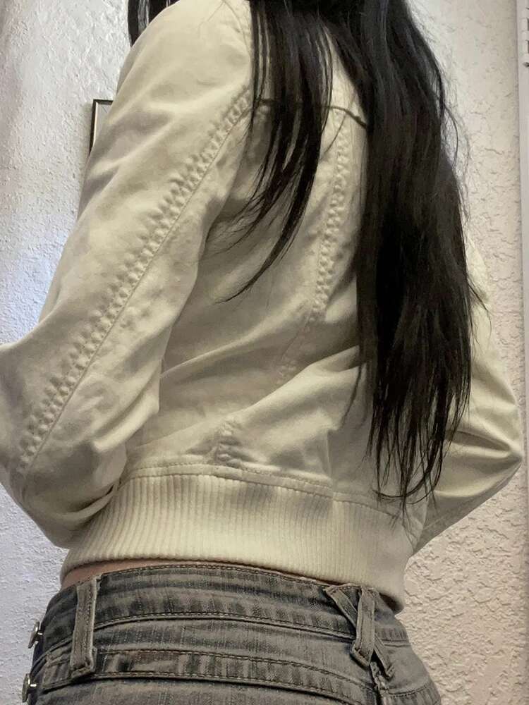 Rockmore Vintage Cropped Jackets For Women Haruku Casual Slim Fit Zipper Coat Y2k Streetwear Long Sleeve Outerwear Autumn
