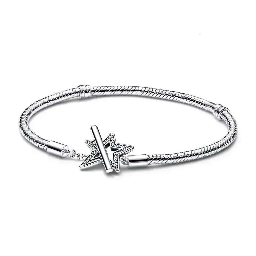 New 925 Sterling Silver Pretty Moments Asymmetric Star T-Bar Snake Chain Bracelet Sparking Snowflake Clasp Bangle For Gifts