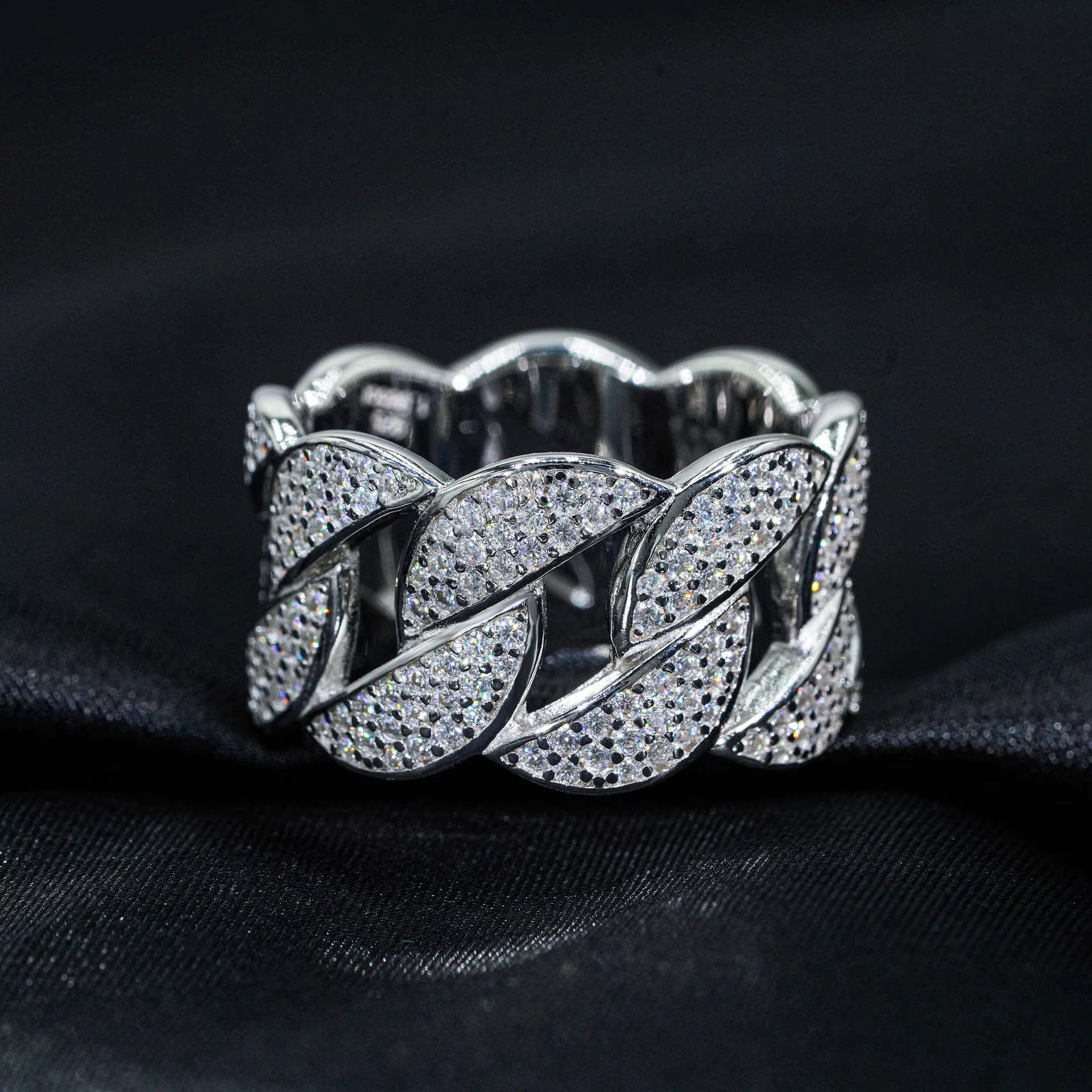 Thick S925 Silver MOISSANITE 3-ROW CUBAN LINK RING Pave DEF Color VVS Moissan Chain Band Fine Jewelry for Men Women Lovers Gift