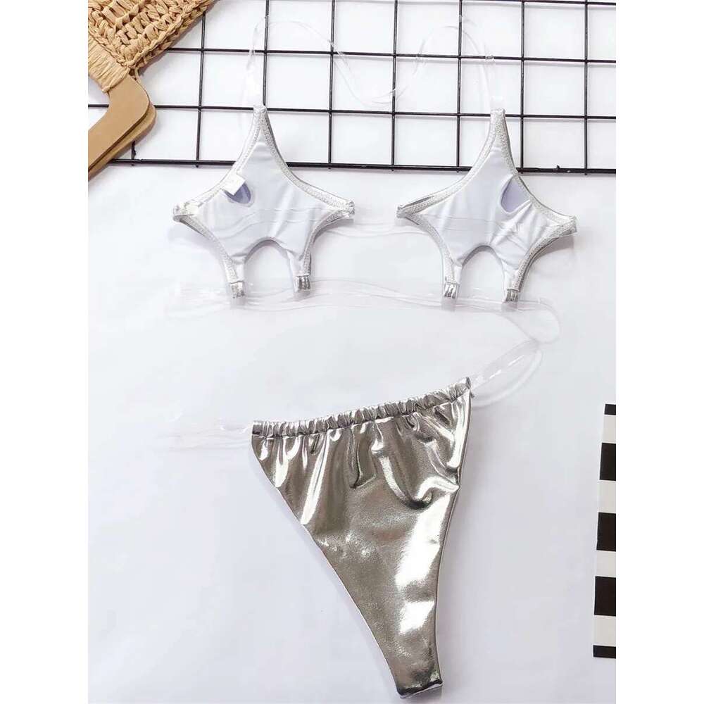 Women's transparent swimsuit, sexy mini bikini, pentagram design, neon transparent shoulder straps, tango underwear, 2024