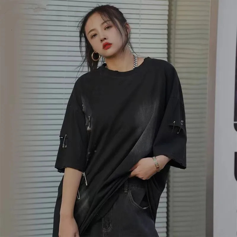 Fashion Men Oversized Vintage Ripped Hole Short Sleeve T Shirt Hip Hop Y2K Mens 100% Cotton O Collared Couple Techwear Shirts 250312