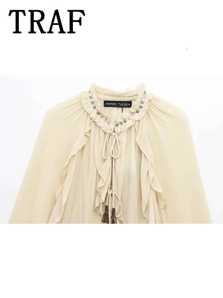 TRAF Ruffles Elegant For Women 2024 New Fashion Pleated Blouse Long Sleeve Translucent Sexy Shirts And Blouses Woman Top