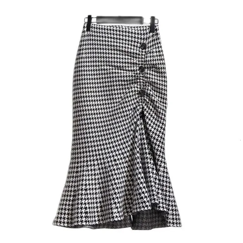 Trumpet Houndstooth Vintage High Waist Buttons Womens Skirt Mermaid MidCalf Long Skirts For Women Clothing Fashion 250310