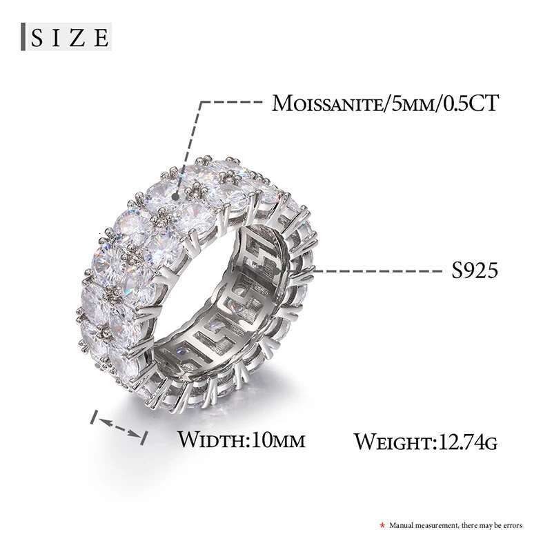 Rapper Rock Hip Hop High Quality Moissanite Iced Out Gold Plated Cuban For Men's Rings Fashion Jewelry 2 Row Stone S