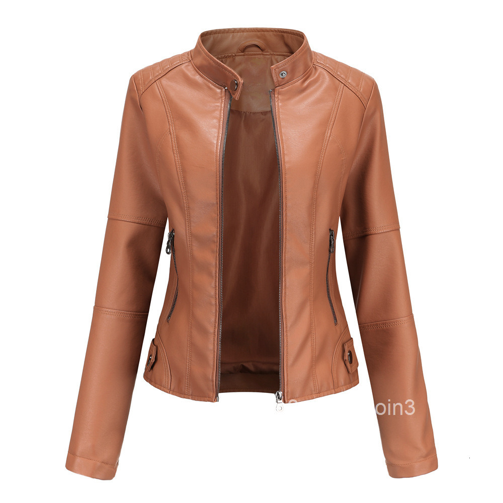 Fashion European Womens Leather Suit Slim Jacket Thin Spring and Autumn Coat Womens Motorcycle Suit Large Stand Collar Leather Jacket