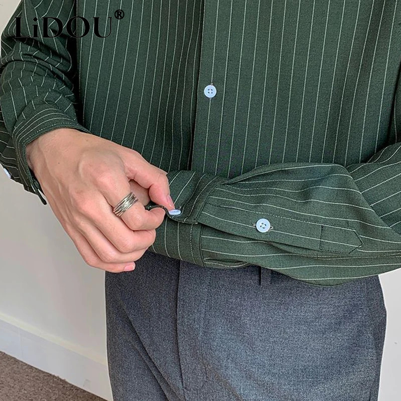 Korean Fashion Autumn Shirts Men Business Casual Neat Capable Hipster Street England Style Elegant Stripe Clothes Top 250314