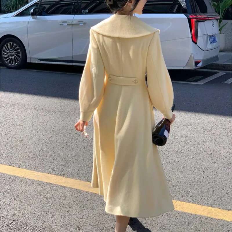 Fashion Women's Long Coats Winter New Outerwear Lapel Double Breasted Lantern Sleeve Solid Vintage Chic Woolen Overcoats 2024
