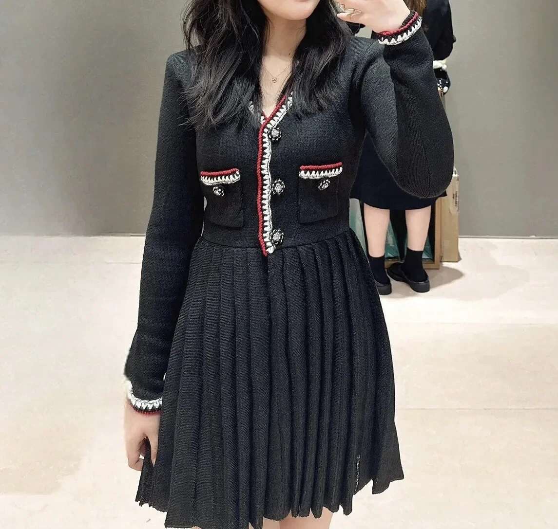 Women Black Pocket Long Sleeve V Neck Ruffle Slim Fit Ladies Party Mini Dress