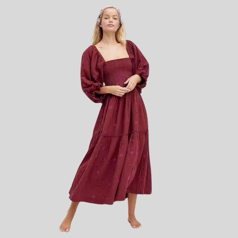 Autumn New Casual Trumpet Sleeves Wrap Embroidered Square Neck Sunflower Dress