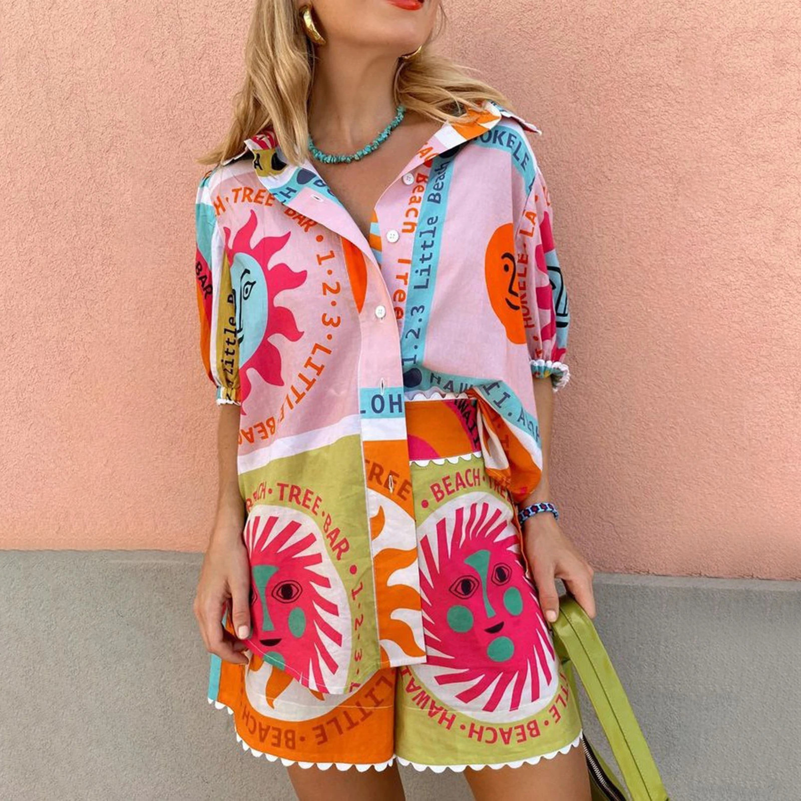 Hirigin Womens Bohemian 2piece Linen Set Tropical Short Sleeve Button Down Shirt Wide Leg Shorts Matching Vacation 250313