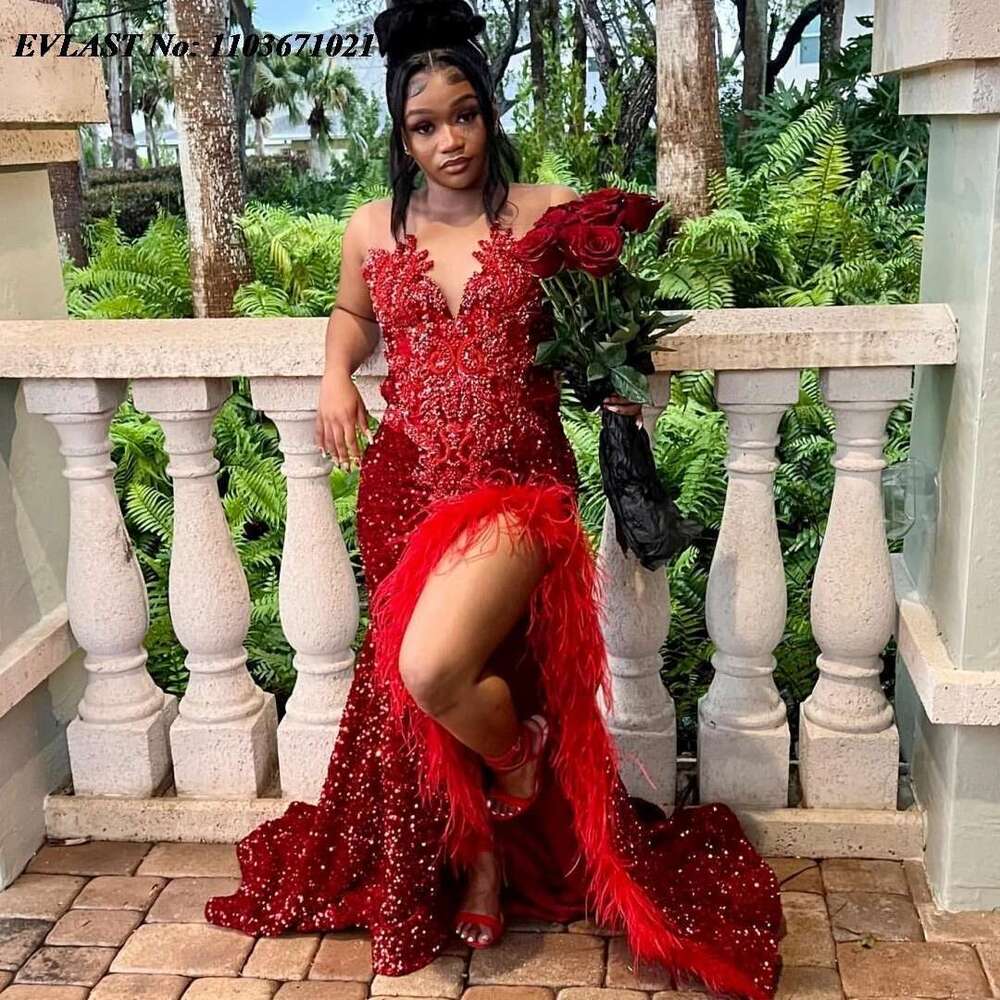 2025 custom burgundy sequins black prom girls high slit feather dais beaded party dress gala soiree robes