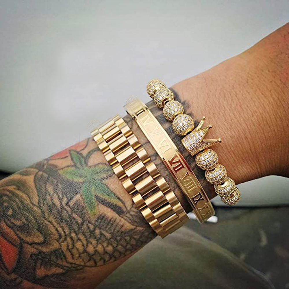 3pcs/set Imperial Crown King Mens Bracelet Pave CZ Gold Bracelets for Men Luxury Charm Fashion Cuff Bangle Birthday Jewelry