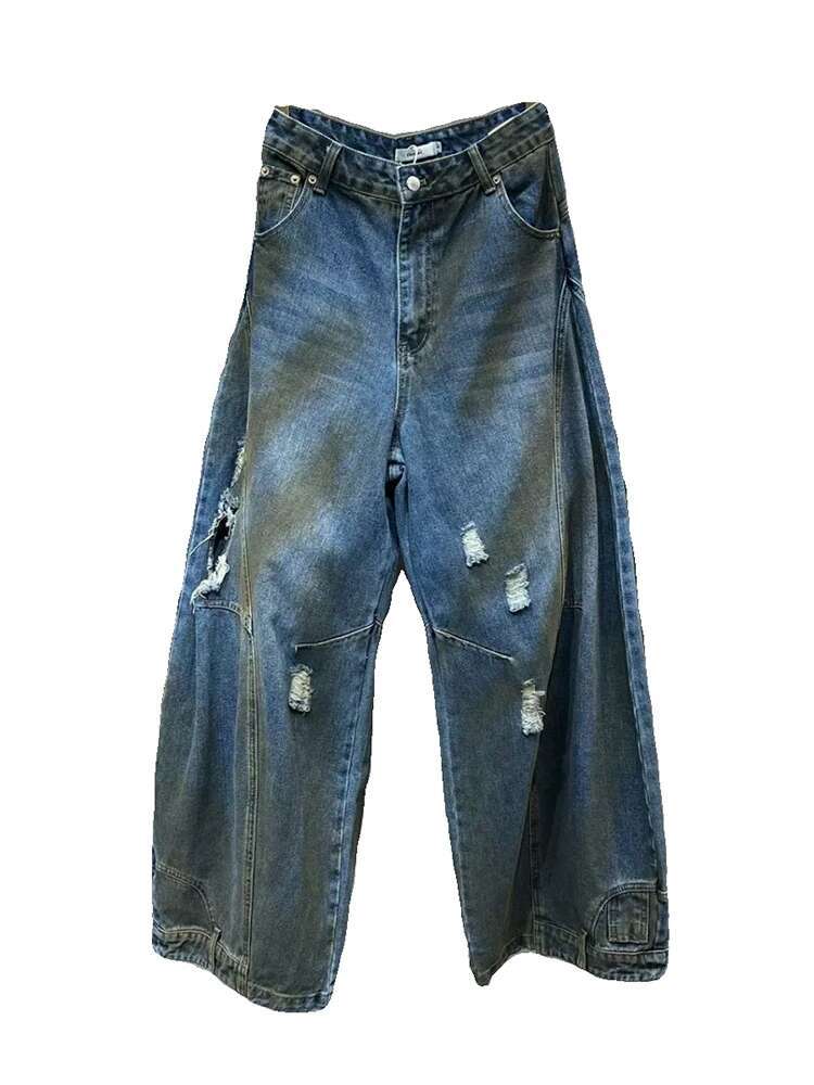 DEAT Vintage Trendy Women's Broken Hole Wide Leg Jeans 2025 Spring Fashion New High Waist Button Denim Pants Female 11Xx7806