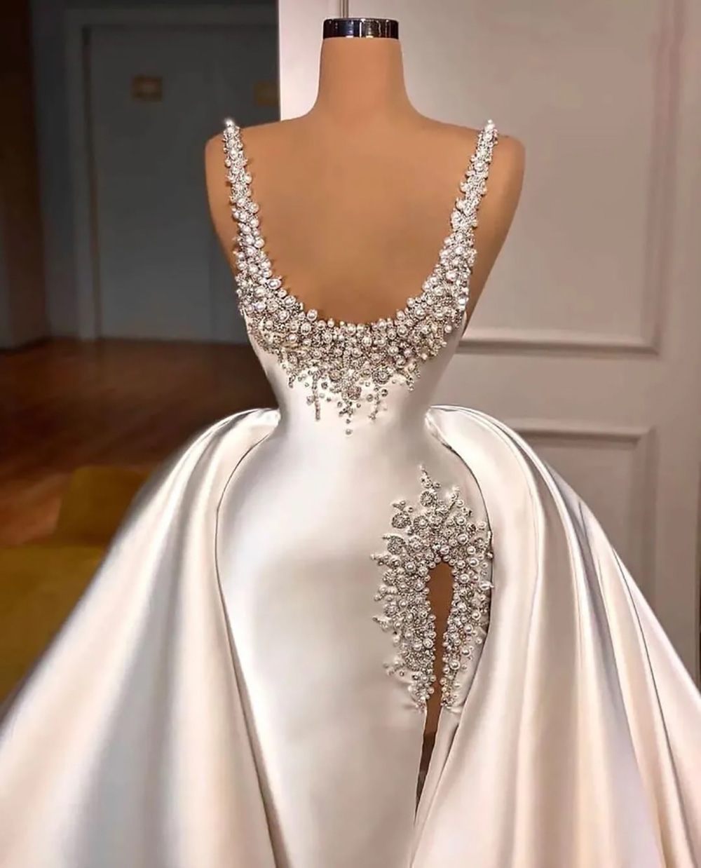 Prom Gown White Evening Dresses Party Mermaid Sleeveless Satin Plus Size Zipper Lace Up New Custom Beaded Pearls Scoop Detachable Train Thigh-High Sli