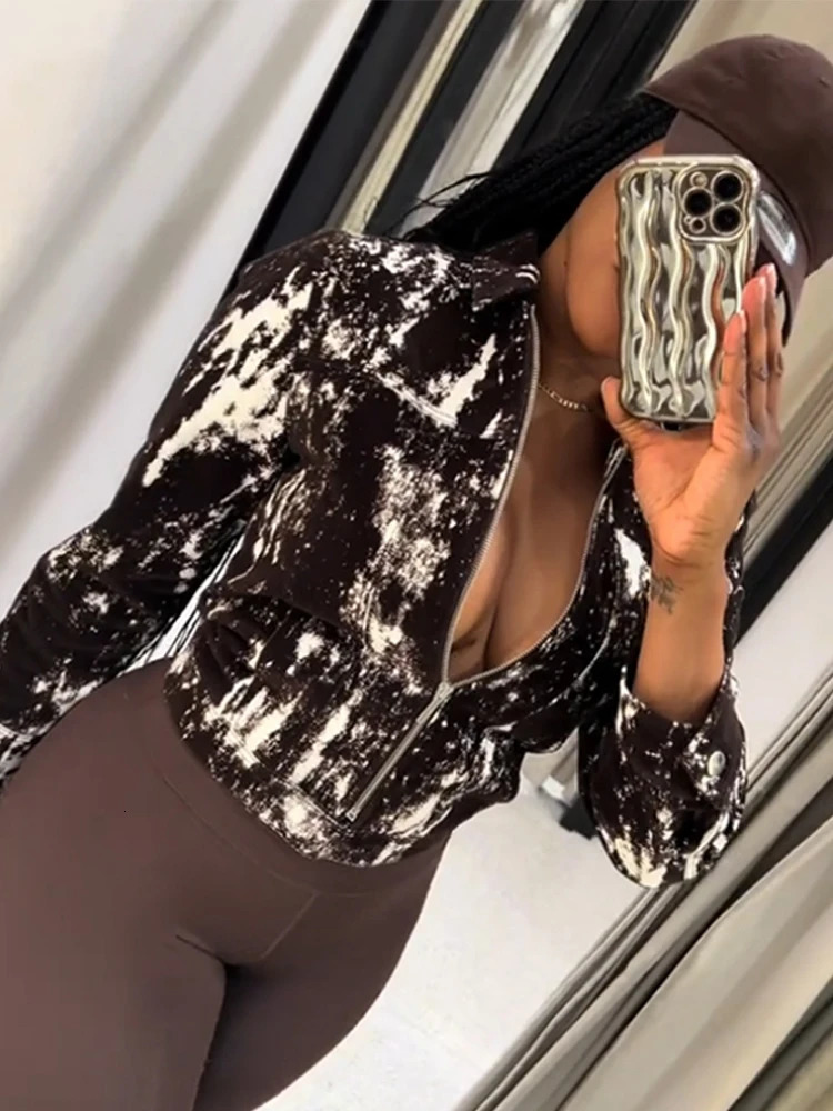 Printed zipper jacket straight pants set for womens casual retro collar high waisted fashion 250313