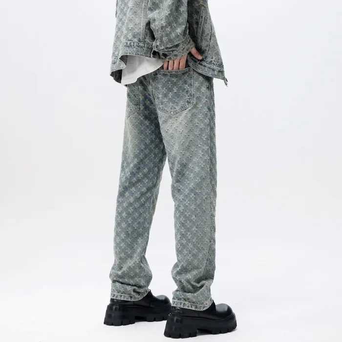 American style retro street floral print mens loose straight leg fashion brand retro mens jeansT250319