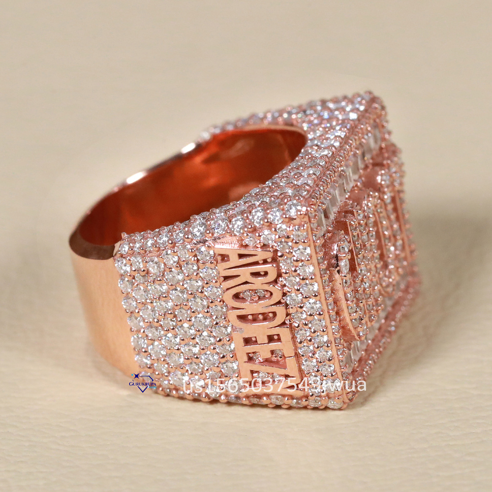 High Quality Moissanite Ring 14kt Rose Gold Iced Out Custom Name Ring Hip Hop Collection for Men Hand Made Jewelry