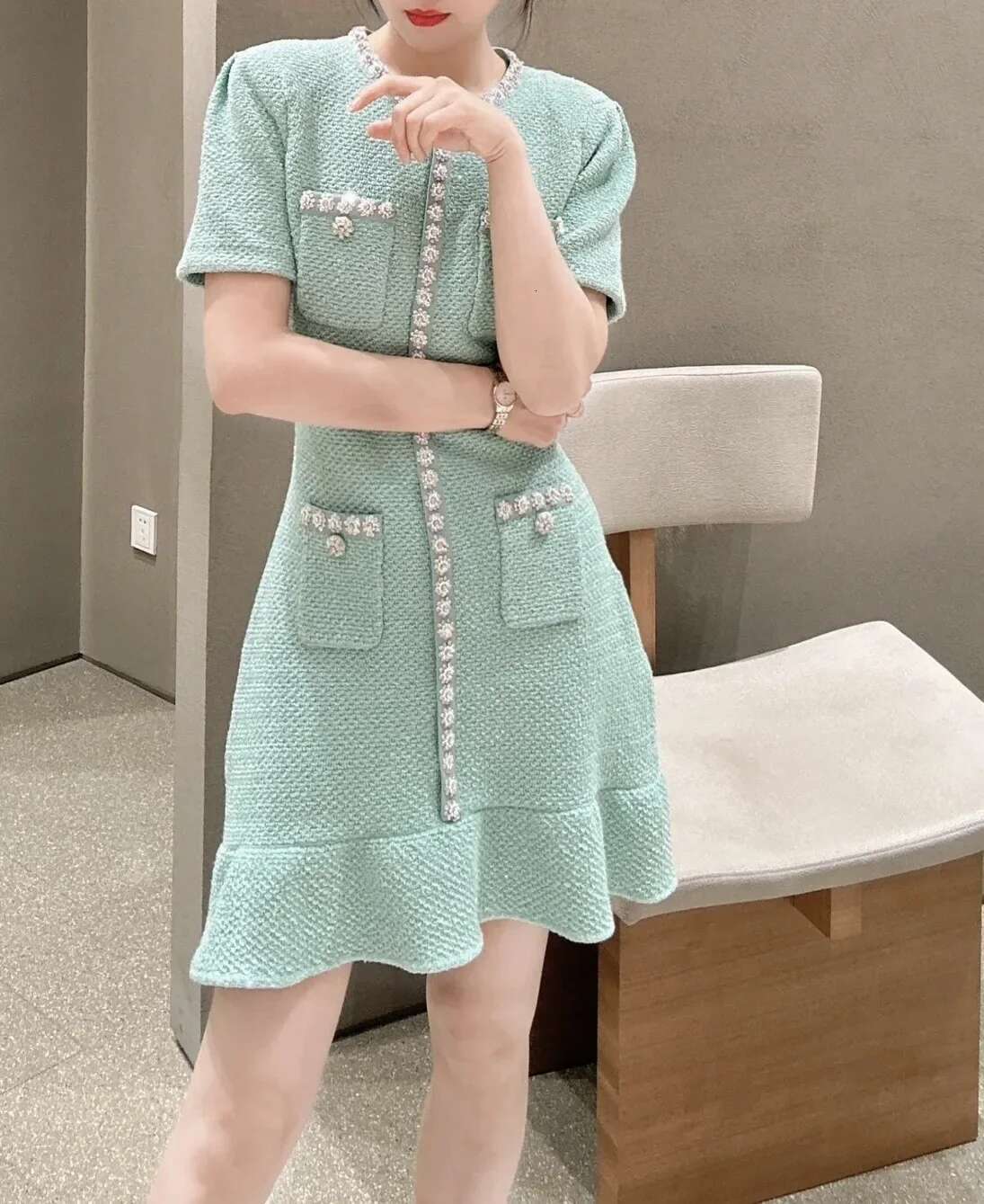 Women's Green Short Sleeve Round Neck Mini Dia Slim Fit Office Ladies Elegant Dress
