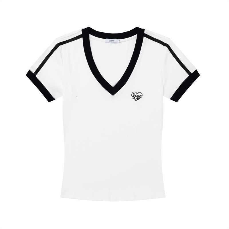 Nariele Embroidered Contrasting Color V-Neck Design Slim Fit Short Sleeved T-Shirt For Women 2025 Summer Casual Hot Girl Top