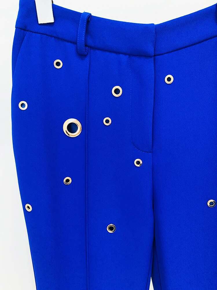 HIGH STREET 2024 FW Designer Fashion Runway Suit Stylish Rivet Metal Holes Slim Fit Blazer Flare Pants 2Pcs Set