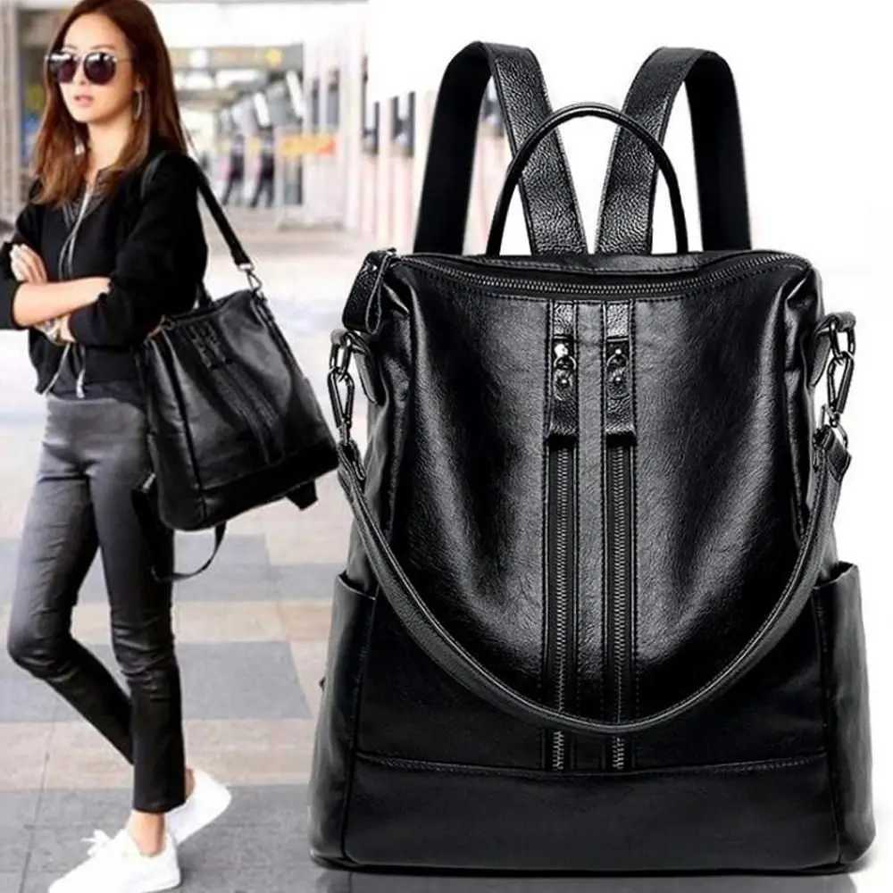 New Arrival School leather black casual multifunctional bag womens soft backpack university backpack large capacity shoulder bag handbag T250315