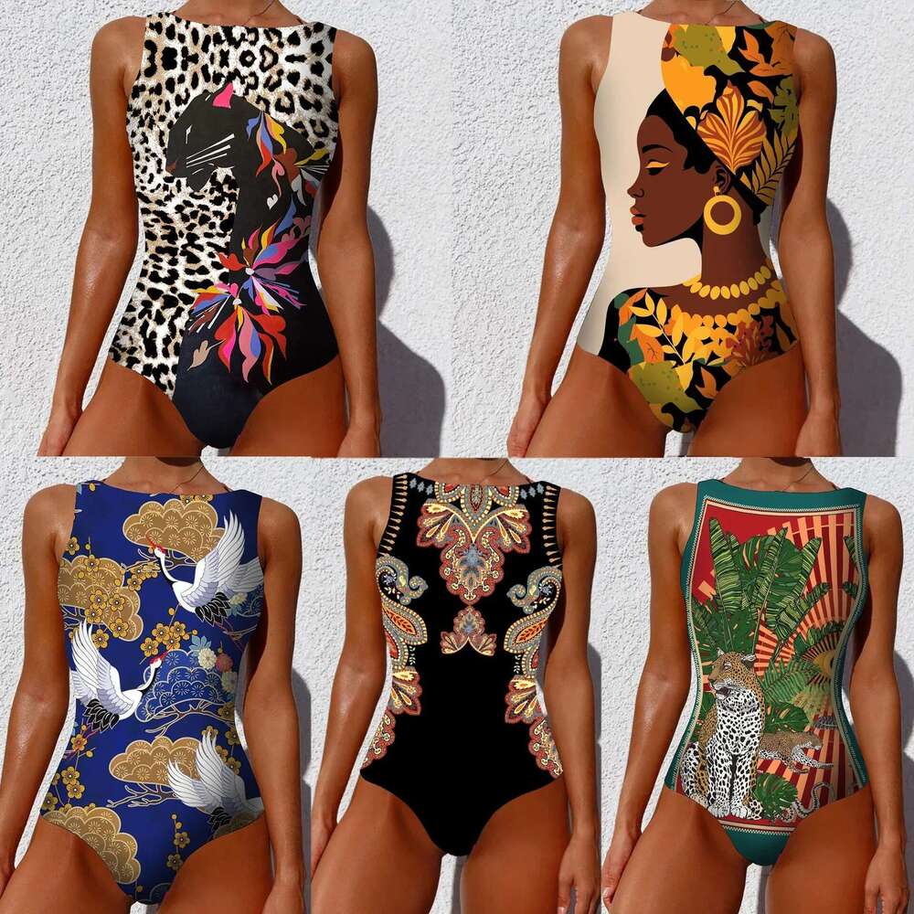 Classic printed lace up printed one-piece swimsuit for women, push up flower one-piece set for beach wear, women's swimsuit