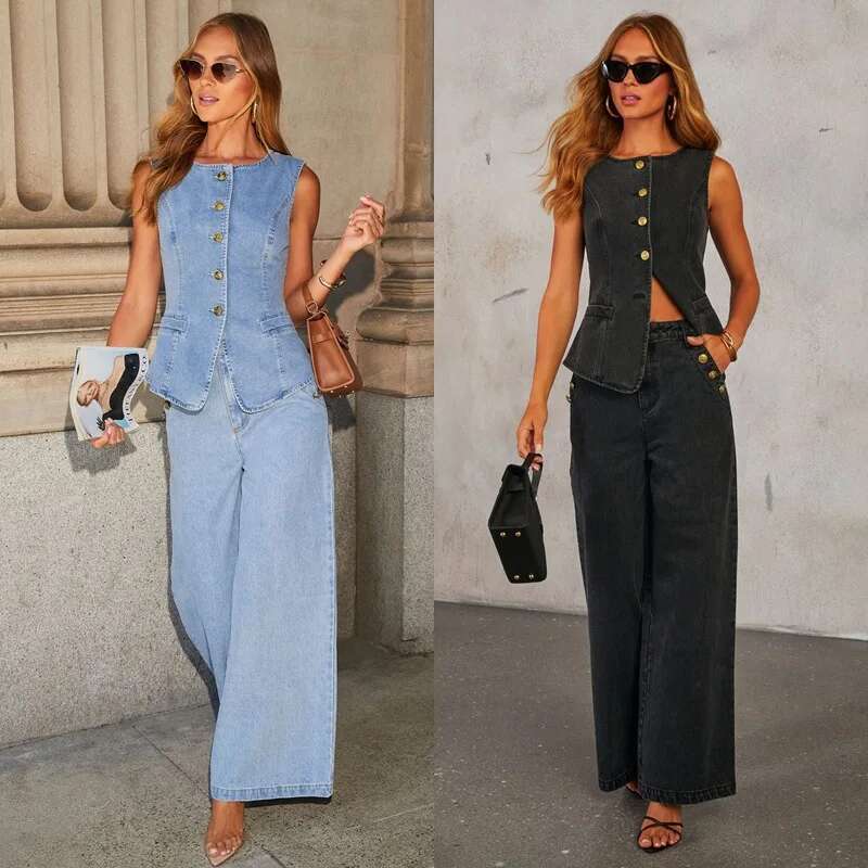 Retro Suit Women's Summer Blue Sleeveless Denim Vest High Waisted Wide Leg Pants Two-Piece Set Female Clothes